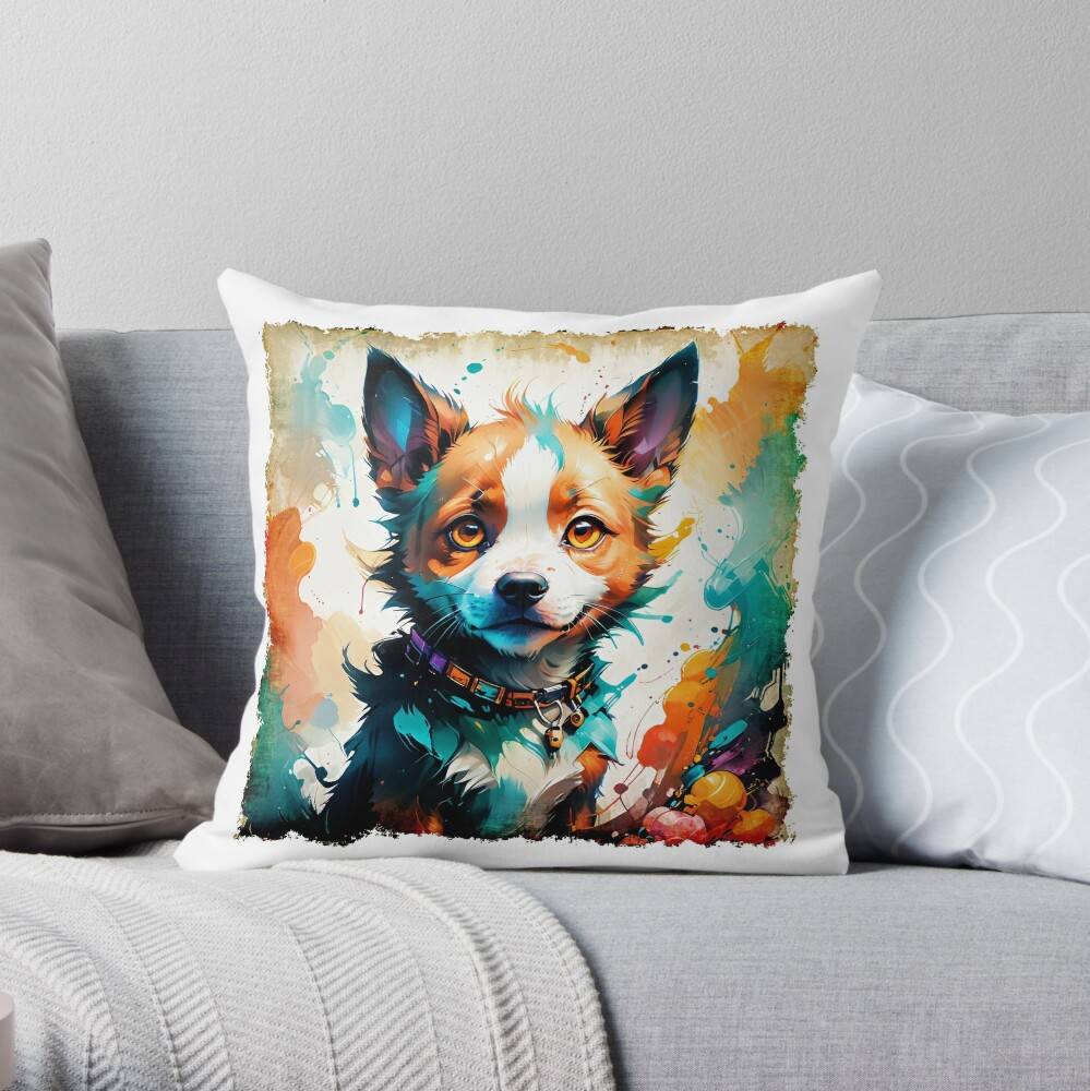 Puppy with grunge frame Throw Pillow