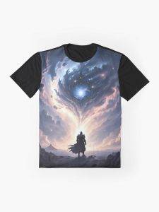 Fantasy warrior beneath mystical sky on t-shirt
