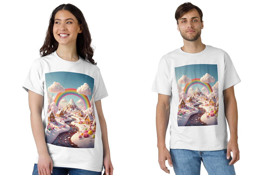 Classic t-shirt with gingerbread houses and rainbow design