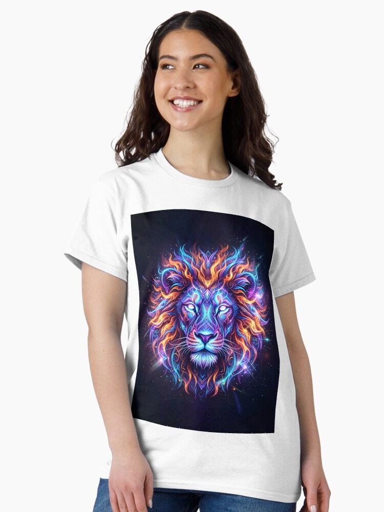 Neon Fantasy Lion Artwork With Glowing Mane Classic T-Shirt