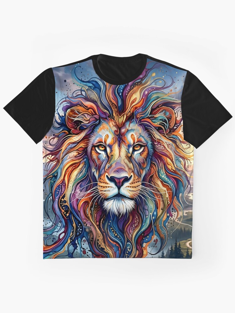 Colored Lion Head With Ink Flow Graphic T-Shirt
