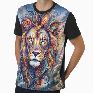 Colored Lion Head With Ink Flow Graphic T-Shirt