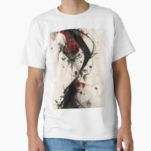 Gothic Woman With Red Roses Abstract Ink Portrait Classic T-Shirt