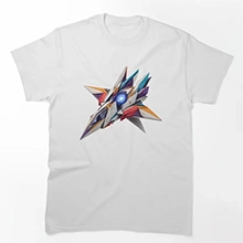 The colorful mecha-inspired artwork adds a vibrant pop of personality to a classic white crewneck.