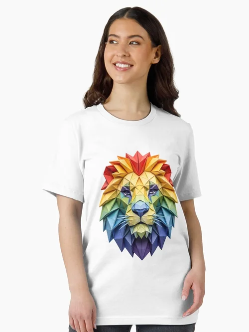 Colorful Origami Lion Head Tee – Artistic Symmetrical Papercraft